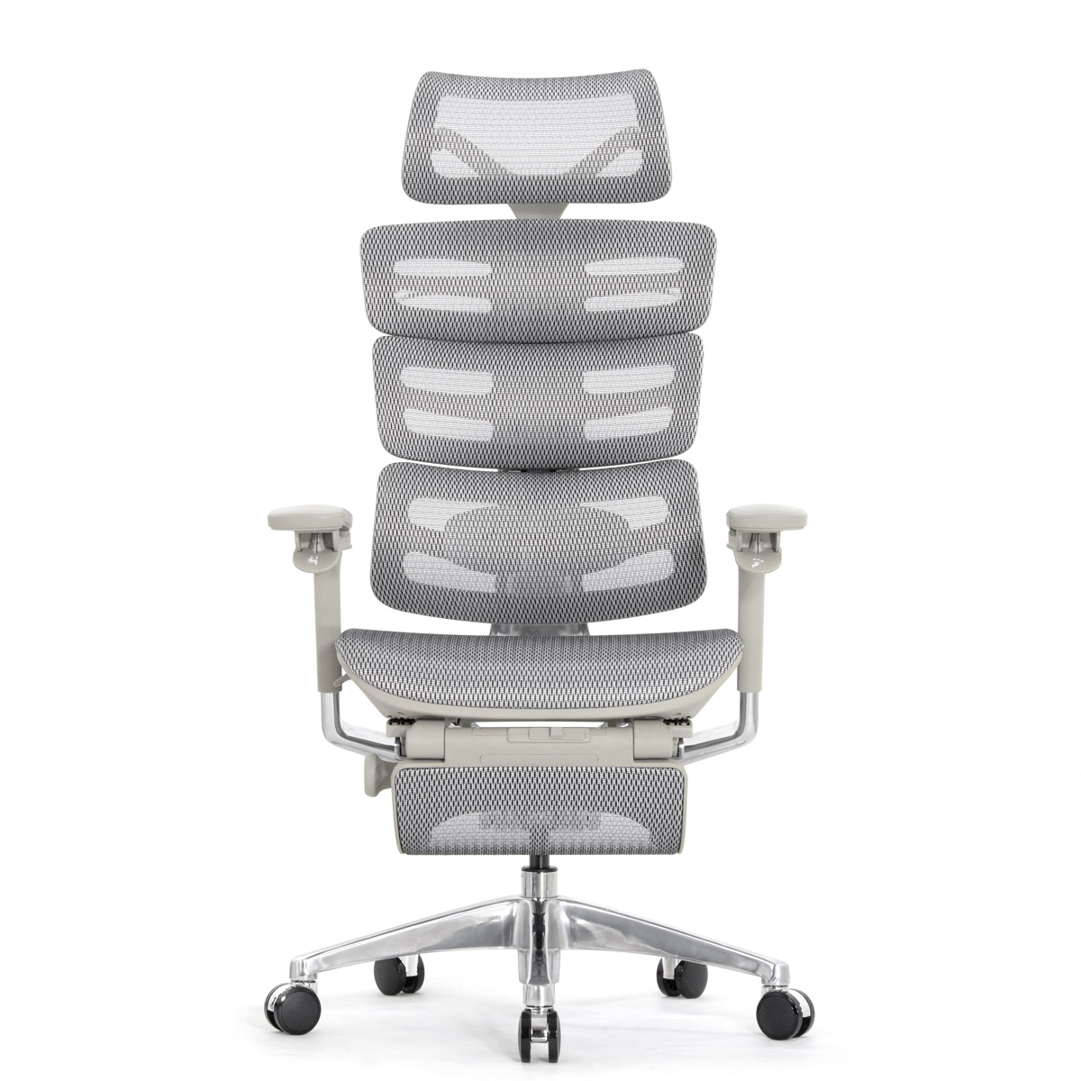 Эргономичное кресло Falto Evolution с подножкой (тихие вставки, управление на подлокотниках, сетка, серый)