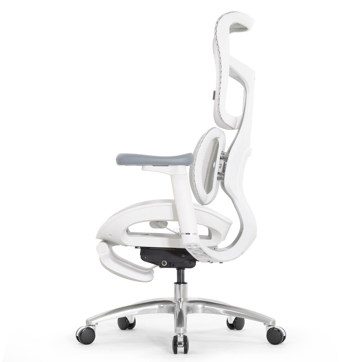 Эргономичное кресло Falto Scala Office с подножкой (разделённый поясничный упор, сетка, каркас белый, серый)